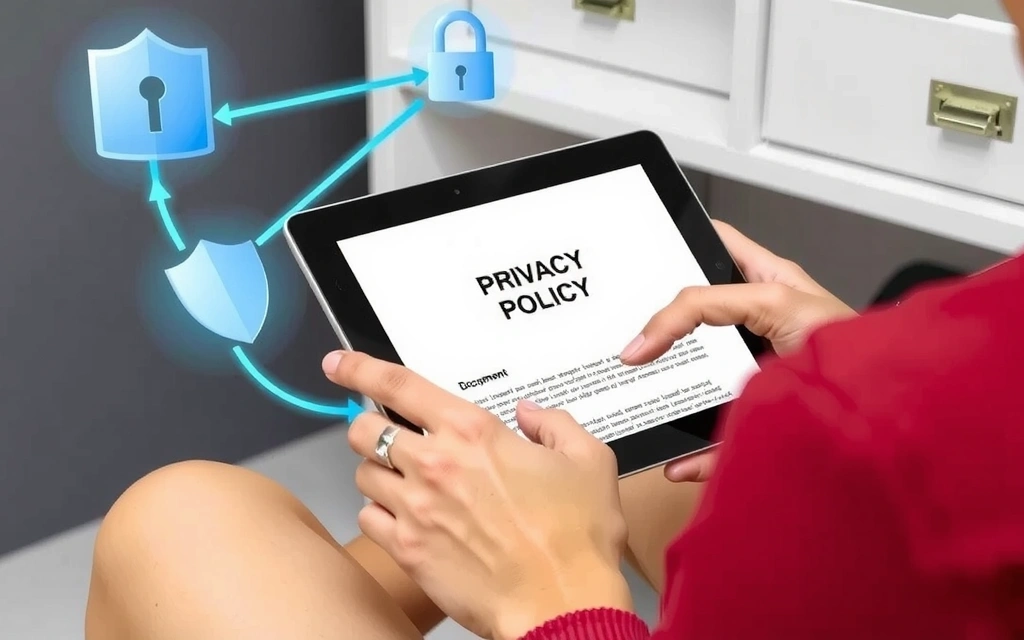 Eine Person, die ein Datenschutzdokument auf einem Tablet liest und dabei eine sichere Datenverbindung symbolisiert.
