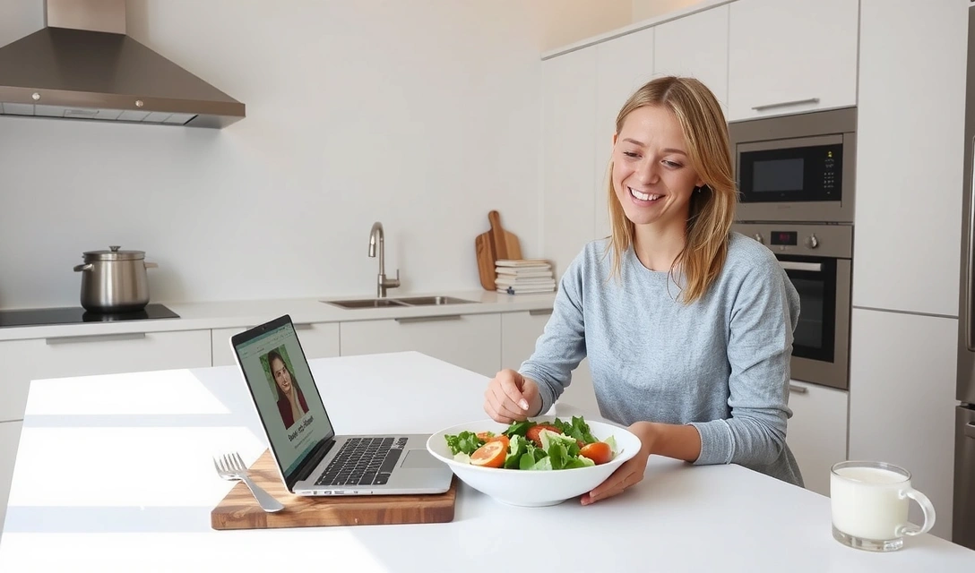 Glückliche Person isst gesunden Salat vor einem Laptop während einer Online-Beratung.